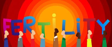 Alfabenin harfleri holding çeşitli eller kelime doğurganlık oluşturdu. Vektör çizim.