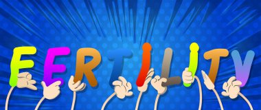 Alfabenin harfleri holding çeşitli eller kelime doğurganlık oluşturdu. Vektör çizim.