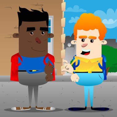 Okul çocuğu yapma arkadaşım bölge sembolü. Vektör çizgi film karakteri çizim.