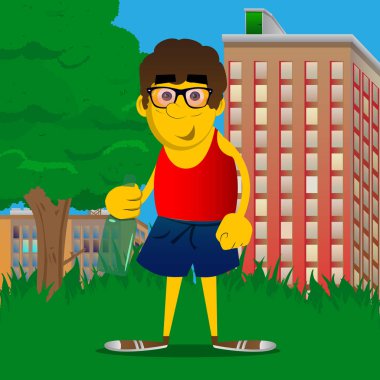 Bir şişe tutan sarı adam. Vektör karikatür çizim.