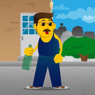 Bir şişe tutan sarı adam. Vektör karikatür çizim.