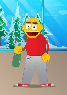 Bir şişe tutan sarı adam. Vektör karikatür çizim.