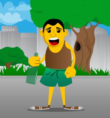 Bir şişe tutan sarı adam. Vektör karikatür çizim.