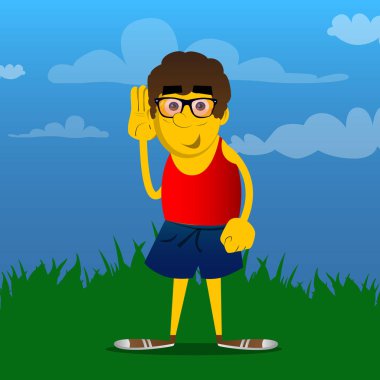 Sarı adam tutan el onun kulağına, dinleme. Vektör karikatür çizim.