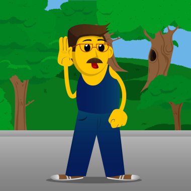 Sarı adam tutan el onun kulağına, dinleme. Vektör karikatür çizim.