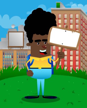 Okul çocuğu holding boş işareti. Vektör çizgi film karakteri çizim.