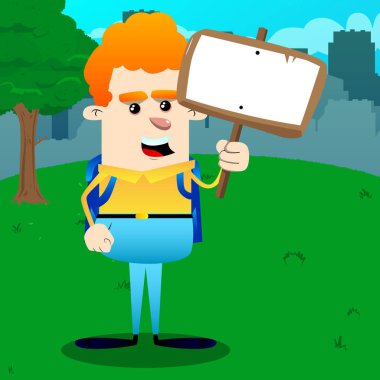 Okul çocuğu holding boş işareti. Vektör çizgi film karakteri çizim.