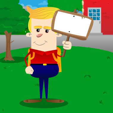 Okul çocuğu holding boş işareti. Vektör çizgi film karakteri çizim.