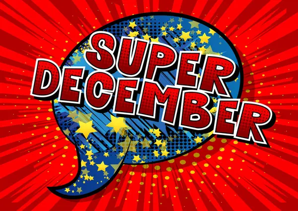 Super December Kata Bergaya Buku Komik Pada Latar Belakang Abstrak - Stok Vektor
