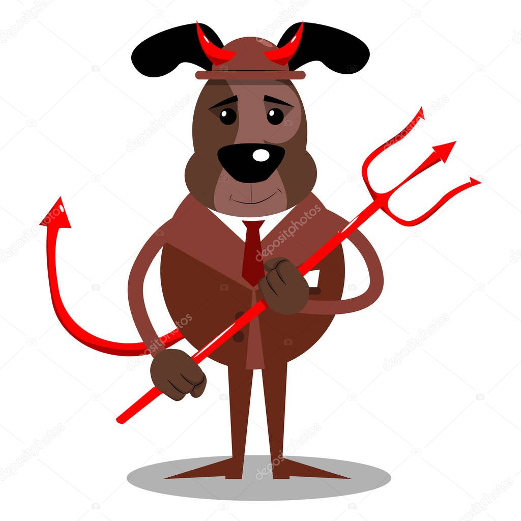 Cartoon vector illustrated business dog devil with pitchfork.
