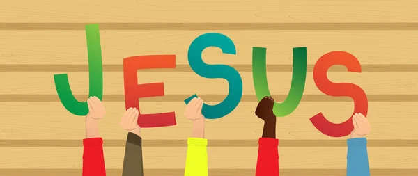 Zróżnicowane Ręce Trzymając Liter Alfabetu Utworzone Słowo Jezusa Ilustracja Wektorowa — Wektor stockowy
