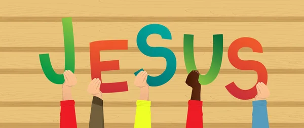 Diversas Manos Sosteniendo Letras Del Alfabeto Crearon Palabra Jesús Ilustración — Vector de stock