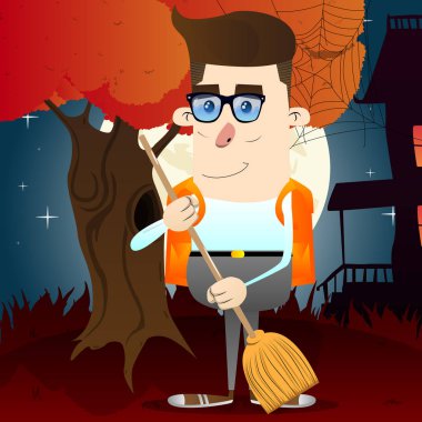 Bir süpürge tutan okul çocuğu. Vektör çizgi film karakteri çizim.