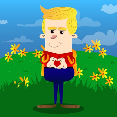 Kalp şekli el hareketi ile okul çocuğu. Vektör çizgi film karakteri çizim.