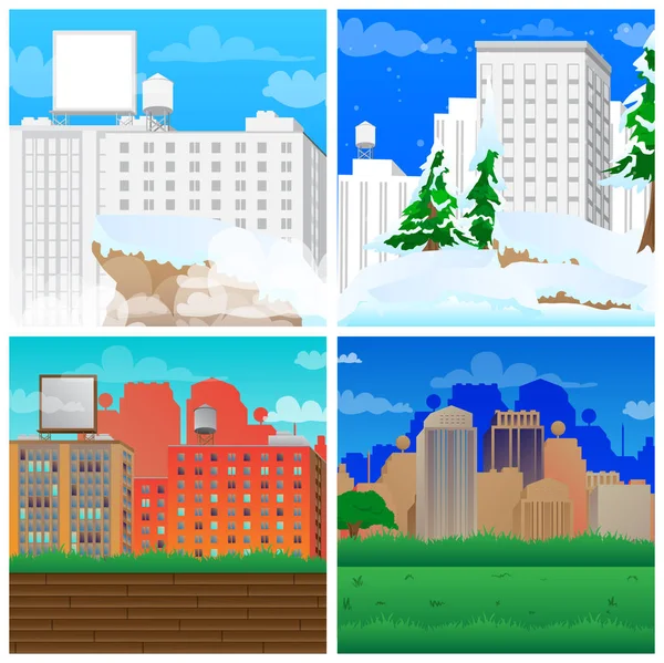Set of vector illustrated cartoon city scenes, winter and summer.