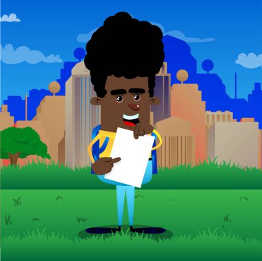 Beyaz kağıt tutan ve bunda işaret eden okul çocuğu. Vektör çizgi film karakteri çizim.