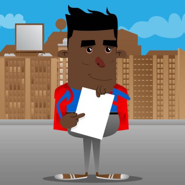 Beyaz kağıt tutan ve bunda işaret eden okul çocuğu. Vektör çizgi film karakteri çizim.