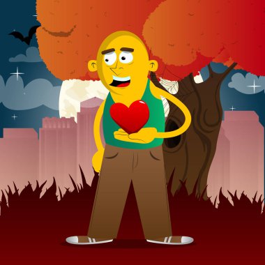 Sarı kırmızı kalp elinde tutan adam. Vektör karikatür çizim.