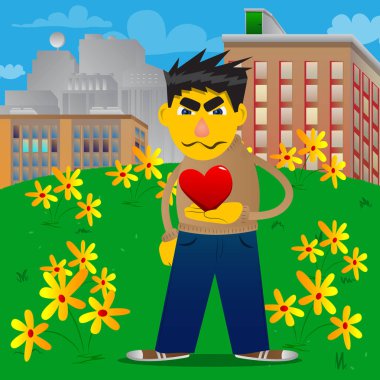 Sarı kırmızı kalp elinde tutan adam. Vektör karikatür çizim.