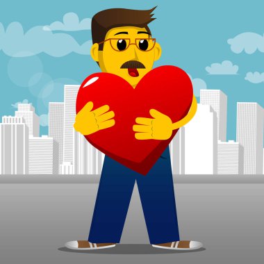 Sarı adam büyük kırmızı kalp sarılma. Vektör karikatür çizim.