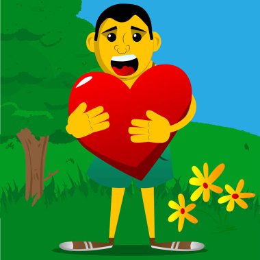 Sarı adam büyük kırmızı kalp sarılma. Vektör karikatür çizim.