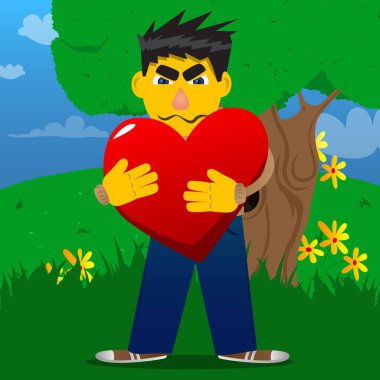 Sarı adam büyük kırmızı kalp sarılma. Vektör karikatür çizim.