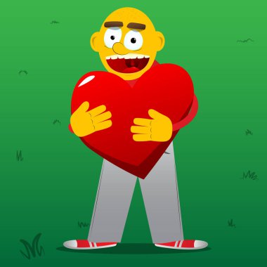 Sarı adam büyük kırmızı kalp sarılma. Vektör karikatür çizim.