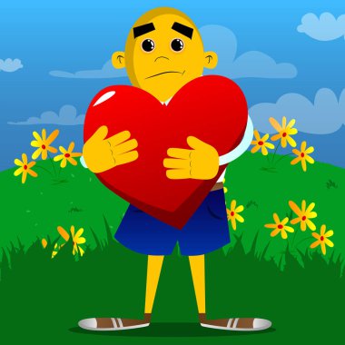 Sarı adam büyük kırmızı kalp sarılma. Vektör karikatür çizim.