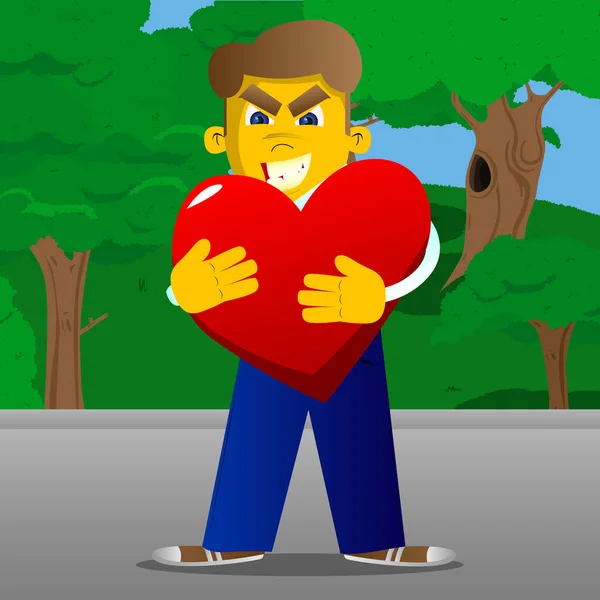 Homem Amarelo Abraçando Grande Coração Vermelho Ilustração Dos Desenhos Animados —  Vetores de Stock