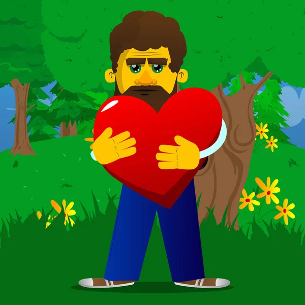 Sarı adam büyük kırmızı kalp sarılma. Vektör karikatür çizim.