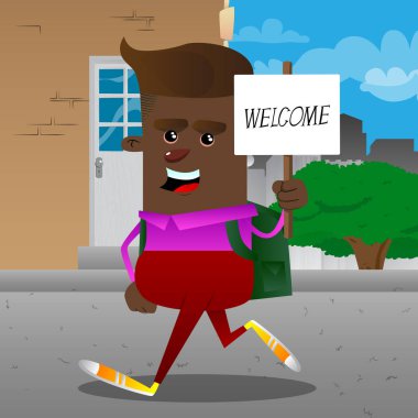 Hoş geldiniz metni ile bir afiş tutarak okul çocuğu. Vektör çizgi film karakteri çizim.