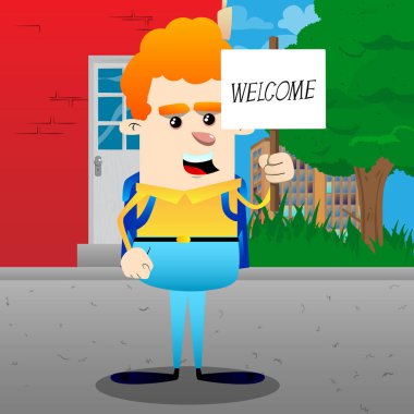 Hoş geldiniz metni ile bir afiş tutarak okul çocuğu. Vektör çizgi film karakteri çizim.