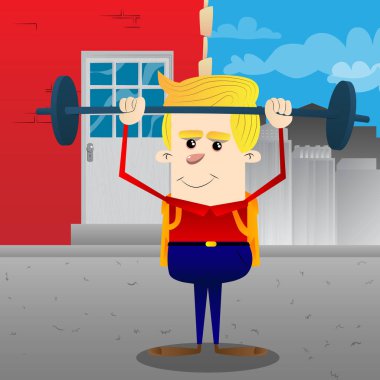 Okul çocuğu halterci kaldırma halter. Vektör çizgi film karakteri çizim.