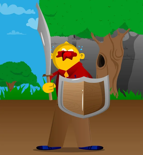 Yellow Man Holding Sword Shield Vector Cartoon Illustration — Stock Vector