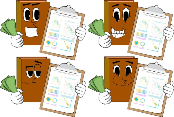 Books Shows Finance Report Money Bills Cartoon Book Collection Happy — Stock Vector