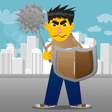 Sarı adam tutarak bir çivili mace ve kalkan. Vektör karikatür çizim.