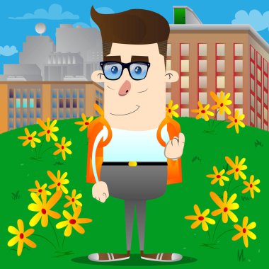 Orada gelmek davet okul çocuğu. Vektör çizgi film karakteri çizim.