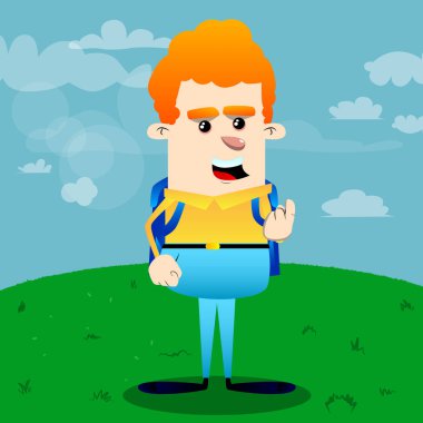 Orada gelmek davet okul çocuğu. Vektör çizgi film karakteri çizim.