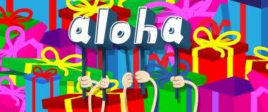 Oluşturulan alfabenin harfleri holding çeşitli eller kelime Aloha (Hawaii Merhaba). Vektör çizim.