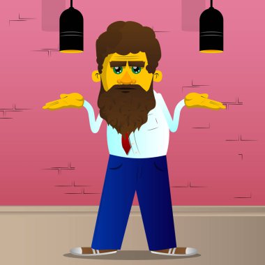 Sarı adam omuz silkiyor omuz ifade jest bilmiyorum. Vektör karikatür çizim.