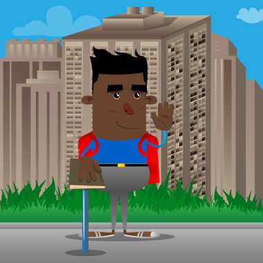 Onun yetiştirme okul çocuğu el ve diğer kutsal bir kitap koymak. Vektör çizgi film karakteri çizim.