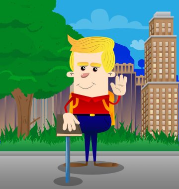 Onun yetiştirme okul çocuğu el ve diğer kutsal bir kitap koymak. Vektör çizgi film karakteri çizim.