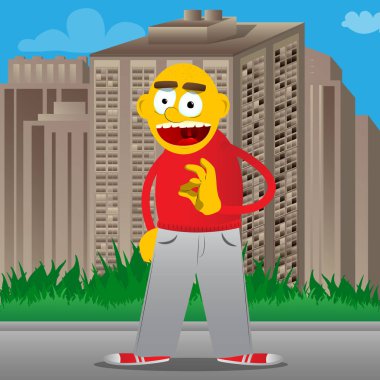 Sarı adam gösteren ok işareti. Vektör karikatür çizim.