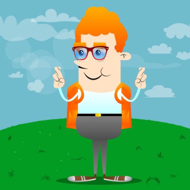 Onun parmak kapısı ve iyi şans için isteyen okul çocuğu. Vektör çizgi film karakteri çizim.