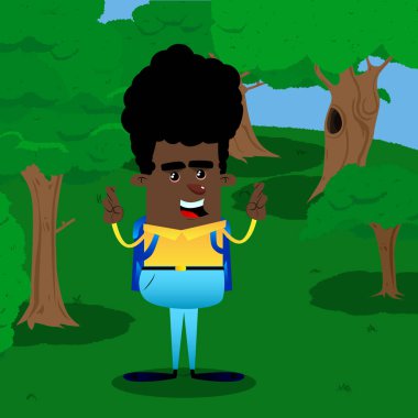 Onun parmak kapısı ve iyi şans için isteyen okul çocuğu. Vektör çizgi film karakteri çizim.