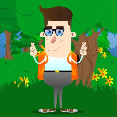 Onun parmak kapısı ve iyi şans için isteyen okul çocuğu. Vektör çizgi film karakteri çizim.