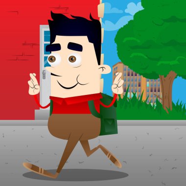 Onun parmak kapısı ve iyi şans için isteyen okul çocuğu. Vektör çizgi film karakteri çizim.