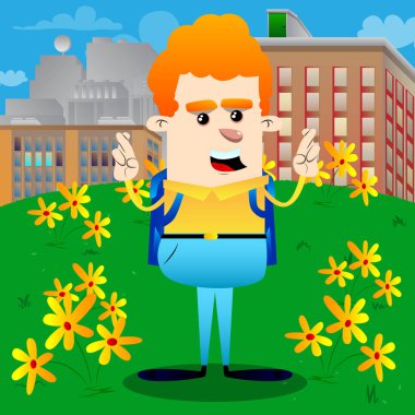 Onun parmak kapısı ve iyi şans için isteyen okul çocuğu. Vektör çizgi film karakteri çizim.