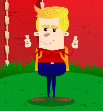 Onun parmak kapısı ve iyi şans için isteyen okul çocuğu. Vektör çizgi film karakteri çizim.