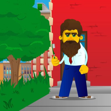 Sarı adam tutarak diş fırçası. Vektör karikatür çizim.